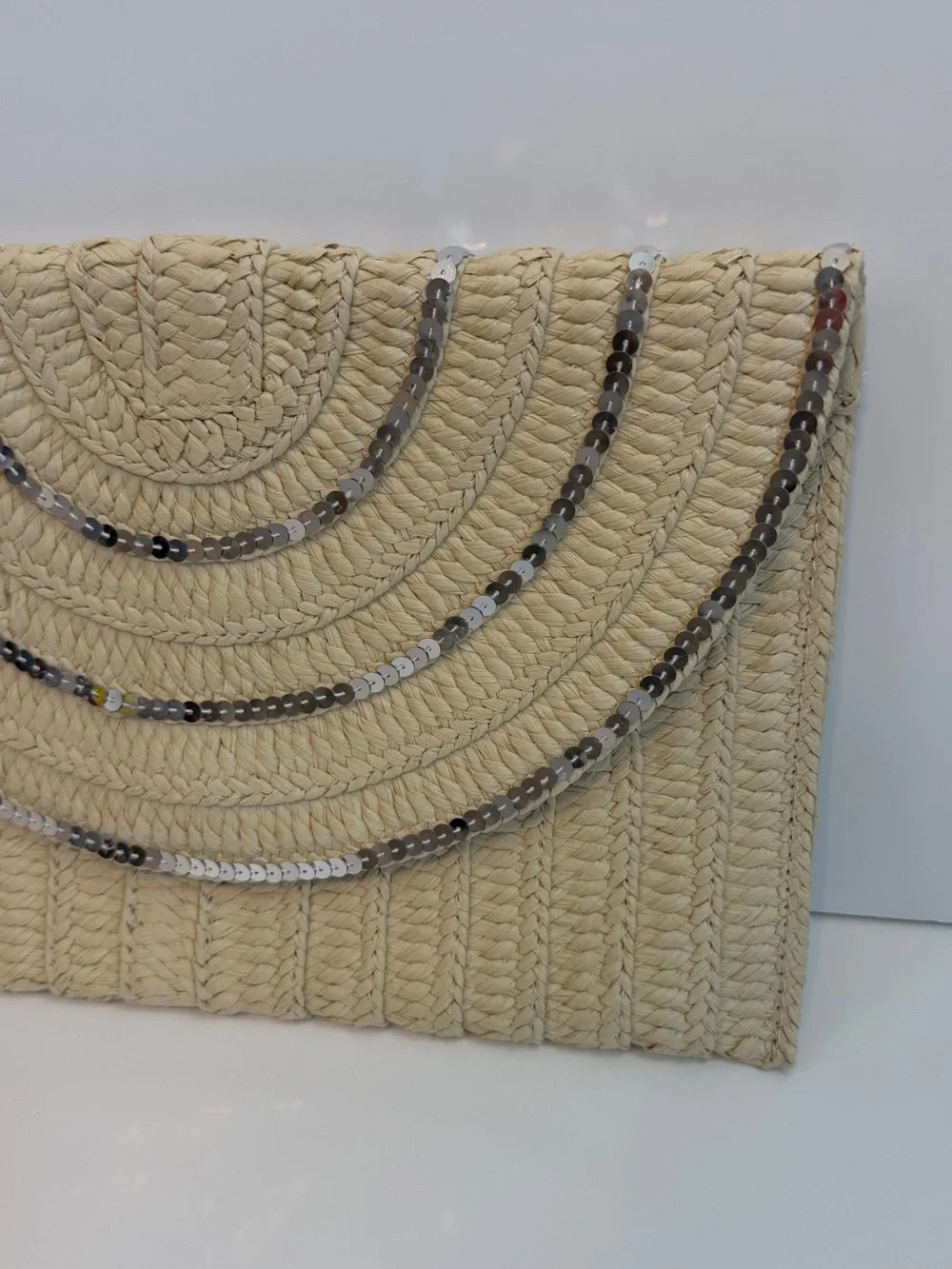 Lane Bryant Beige Straw Clutch with Silver Sequin Accents